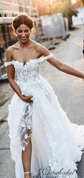 Off Shoulder A-line Slit Lace Country Wedding Dresses, Bridal Gown