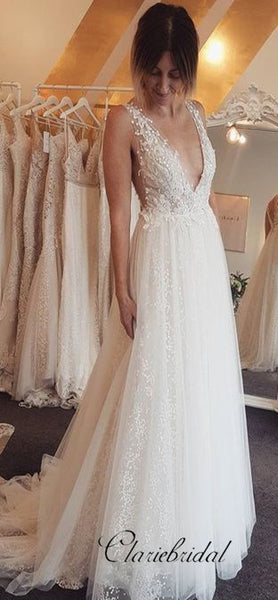 V-neck Lace Appliques Wedding Dresses, Sparkle Wedding Dresses