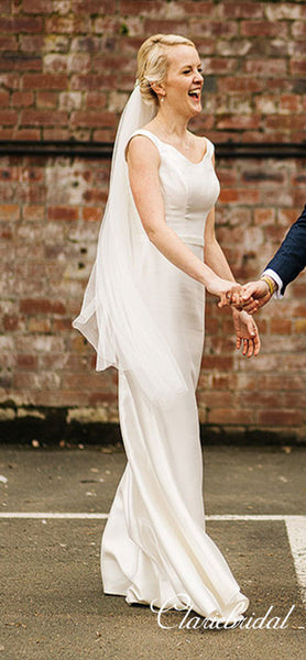 Simple V-neck Sheath Ivory Satin Long Wedding Dresses
