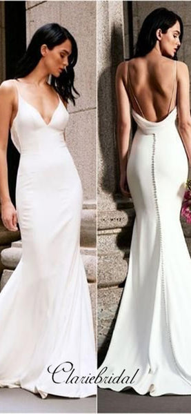 Simple V-neck Ivory Jersey Long Wedding Dresses, Mermaid Wedding Dresses
