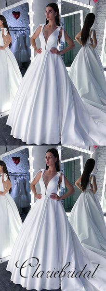 V-neck A-line Ivory Satin Wedding Dresses, Bridal Gown, Elegant Wedding Dresses