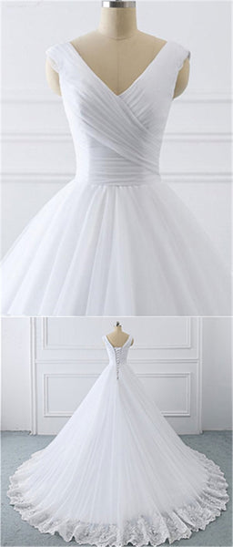V-neck A-line White Tulle Lace Wedding Dresses, Bridal Gown
