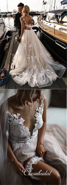 V-neck A-line Lace Tulle Rmantic Chic Long Wedding Dresses
