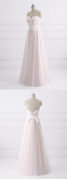 Spaghetti Long A-line Lace Tulle Simple Wedding Dresses