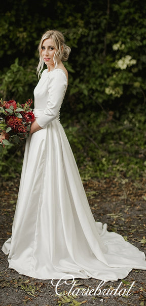Backless Long Sleeves Ivory Satin Beaded A-line Wedding Dresses