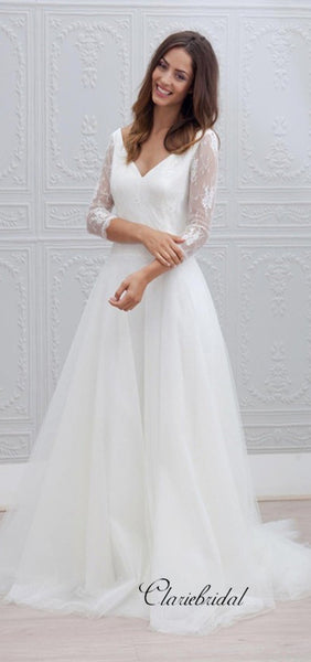 Elegant Long A-line Lace Tulle Wedding Dresses, Open Back Bridal Gown