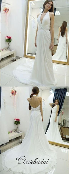 Halter V-neck Long Sheath Simple Elegant Wedding Dresses