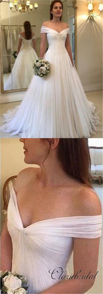 Off Shoulder A-line Simple Tulle Wedding Dresses, Long Wedding Dresses