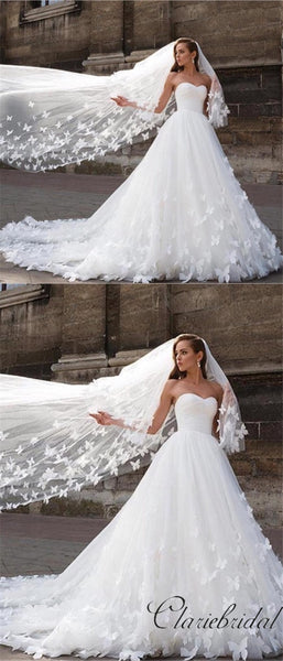 Sweetheart Long A-line Tulle Lace Wedding Dresses, Gorgeous Bridal Gown