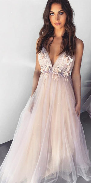 Deep V-neck Tulle Apppliques Prom Dresses, Long Prom Dresses, Popular Prom Dresses