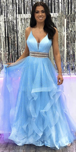 Sky Blue Sequin Tulle Prom Dresses, A-line Prom Dresses, Shiny Prom Dresses, 2021 Prom Dresses, Cheap Prom Dresses