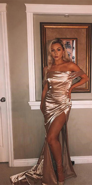 Off The Shoulder Sexy Mermaid Prom Dresses, Side Slit Prom Dresses, Affordable Prom Dresses