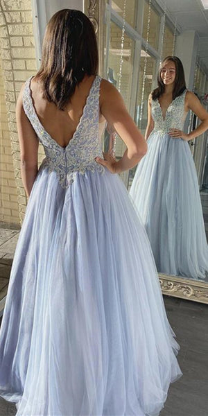 V-neck Long A-line Light Blue Lace Tulle Prom Dresses, Long Prom Dresses, 2020 Prom Dresses