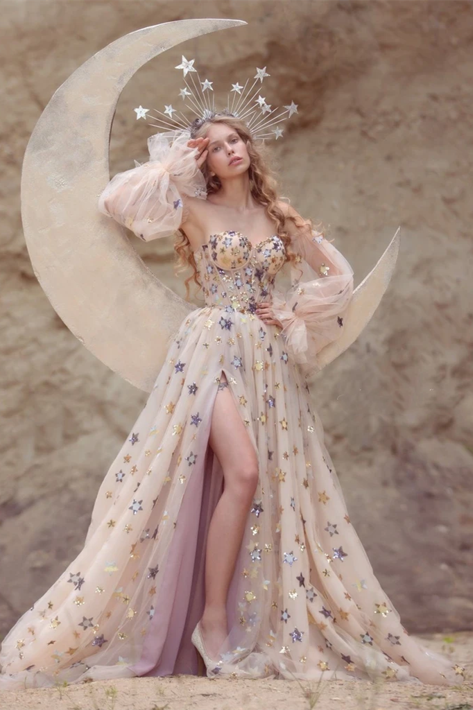 Sweetheart Long A-line Star Tulle Prom Dresses, Bubble Sleeves Prom Dr –  ClaireBridal