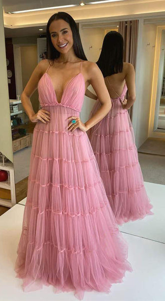 Spaghetti Pinl Tulle Prom Dresses, Lovely Prom Dresses, Formal Dresses, 2020 Prom Dresses