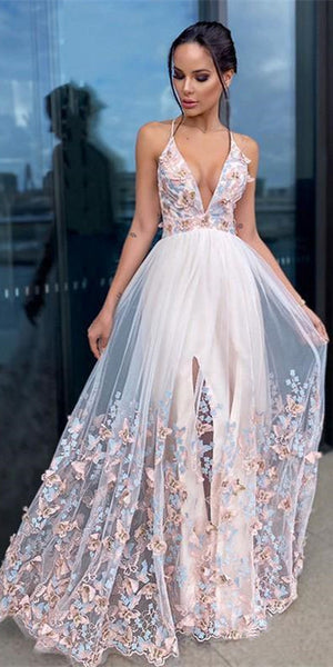 Deep V-neck Floral Long A-line Prom Dresses, Lovely Colorful Prom Dresses, 2021 Prom Dresses