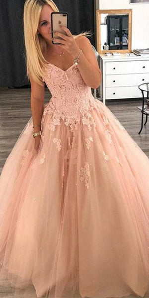 Sweetheart Long A-line Blush Lace Tulle Prom Dresses, Princess Prom Dresses, Long Prom Dresses
