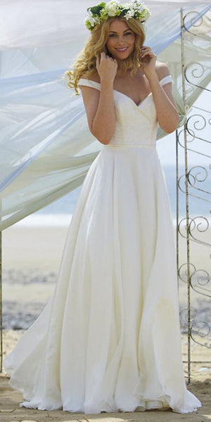 Off Shoulder Long A-line Chiffon Wedding Dresses, Simple Wedding Dresses, 2020 Wedding Dresses
