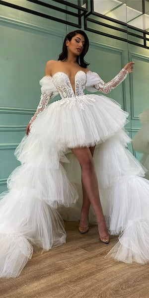 Off Shoulder Lace Tulle Wedding Dresses, Hi-low Wedding Dresses, Detachable Tulle Wedding Gown, Bridal Gown, Wedding Dresses