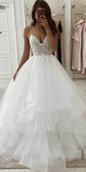 Spaghetti Long A-line Tulle Wedding Dresses, Lace Wedding Dresses, Popular Bridal Gown, 2020 Wedding Dresses