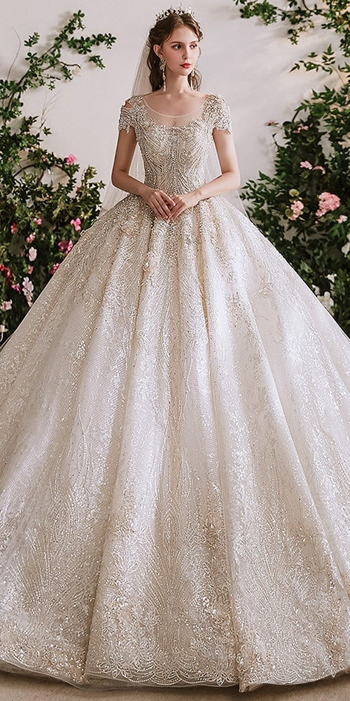 Cap Sleeves Luxury Beaded Tulle Wedding Dresses, Long Train Bridal Gow ClaireBridal Cap Sleeves Luxury Beaded Tulle Wedding Dresses, Long Train Bridal Gow ClaireBridal