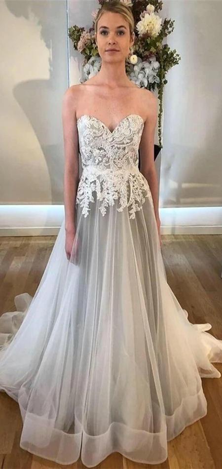 light grey lace dress Long Lace V-neck Tulle A-line Grey Wedding Guest Dresses