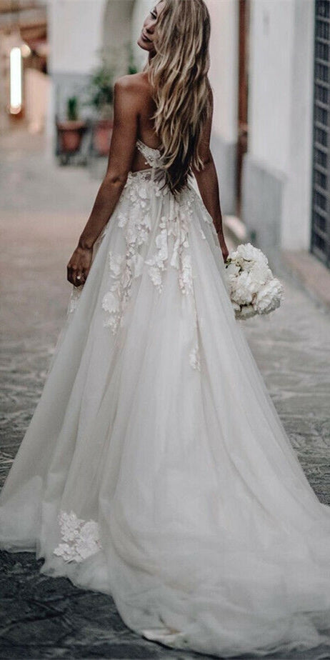Strapless Long A-line Ivory Lace Tulle Wedding Dresses, Romantic Weddi ClaireBridal Strapless Long A-line Ivory Lace Tulle Wedding Dresses, Romantic Weddi ClaireBridal