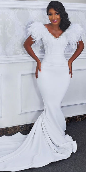 V-neck Long Mermaid Jersey Feather Wedding Dresses, Elegant Bridal Gown, 2020 Wedding Dresses