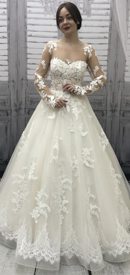 Long Sleeves A-line Lace Tulle Wedding Dresses, Illusion Wedding Dress – ClaireBridal Long Sleeves A-line Lace Tulle Wedding Dresses, Illusion Wedding Dress – ClaireBridal