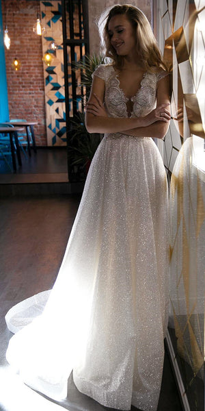 V-neck Long A-line Sequin Tulle Wedding Dresses, Sparkle Wedding Dresses, Long Wedding Dresses