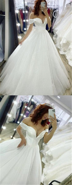 Off Shoulder Long A-line Wedding Dresses, Satin Top Shiny Wedding Dresses, Bridal Gown