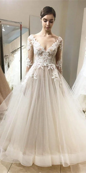 V-neck Long Sleeves Lace Tulle Wedding Dresses, Long Bridal Gown, 2020 Wedding Dresses