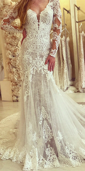 Long Sleeves Lace Mermaid Wedding Dresses, Bridal Gown, Elegant Lace Bridal Gown