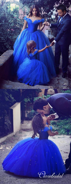 Off Shoulder Ball Gown Royal Blue Tulle Beaded Flower Girl Dresses