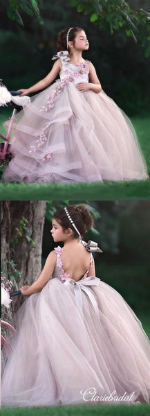 Lovely Long Tulle Satin Appliques Beaded Flower Girl Dresses