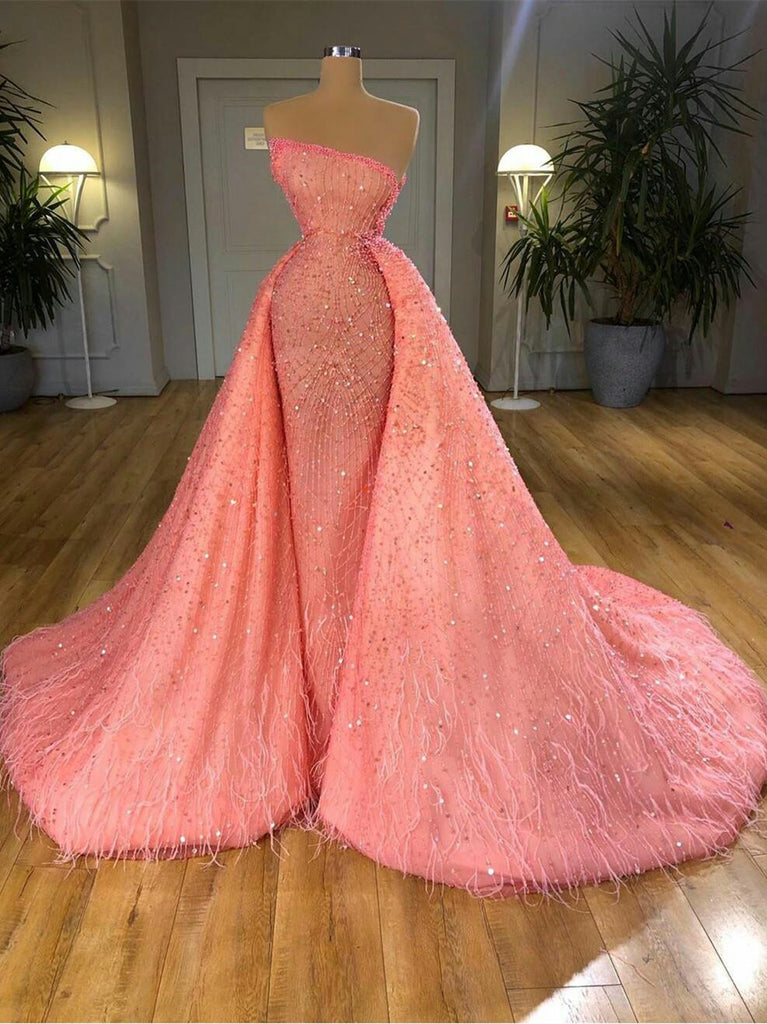 Strapless Luxury Coral Beaded Sequin Prom Dresses With Feathers, Newes ClaireBridal Strapless Luxury Coral Beaded Sequin Prom Dresses With Feathers, Newes ClaireBridal