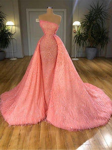 Strapless Luxury Coral Beaded Sequin Prom Dresses With Feathers, Newest Prom Dresses