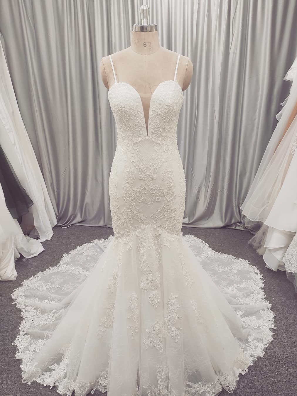 Spaghetti Long Mermaid Lace Wedding Dresses, Handmade Lace Wedding Dresses, Long Wedding Dresses, Bridal Gown
