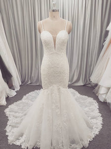 Spaghetti Long Mermaid Lace Wedding Dresses, Handmade Lace Wedding Dresses, Long Wedding Dresses, Bridal Gown
