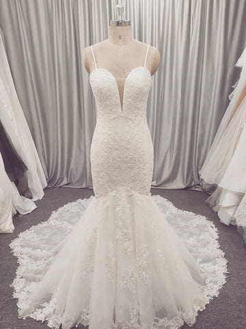 Spaghetti Long Mermaid Lace Wedding Dresses, Handmade Lace Wedding Dresses, Long Wedding Dresses, Bridal Gown