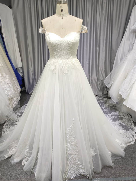Off Shoulder Lace Wedding Dresses, A-line Wedding Dresses, Long Wedding Dresses, Bridal Gown