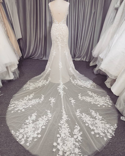 V-neck Lace Tulle Wedding Dresses, Long Wedding Dresses, Bridal Gown, Mermaid Wedding Dresses, Popular Wedding Dresses