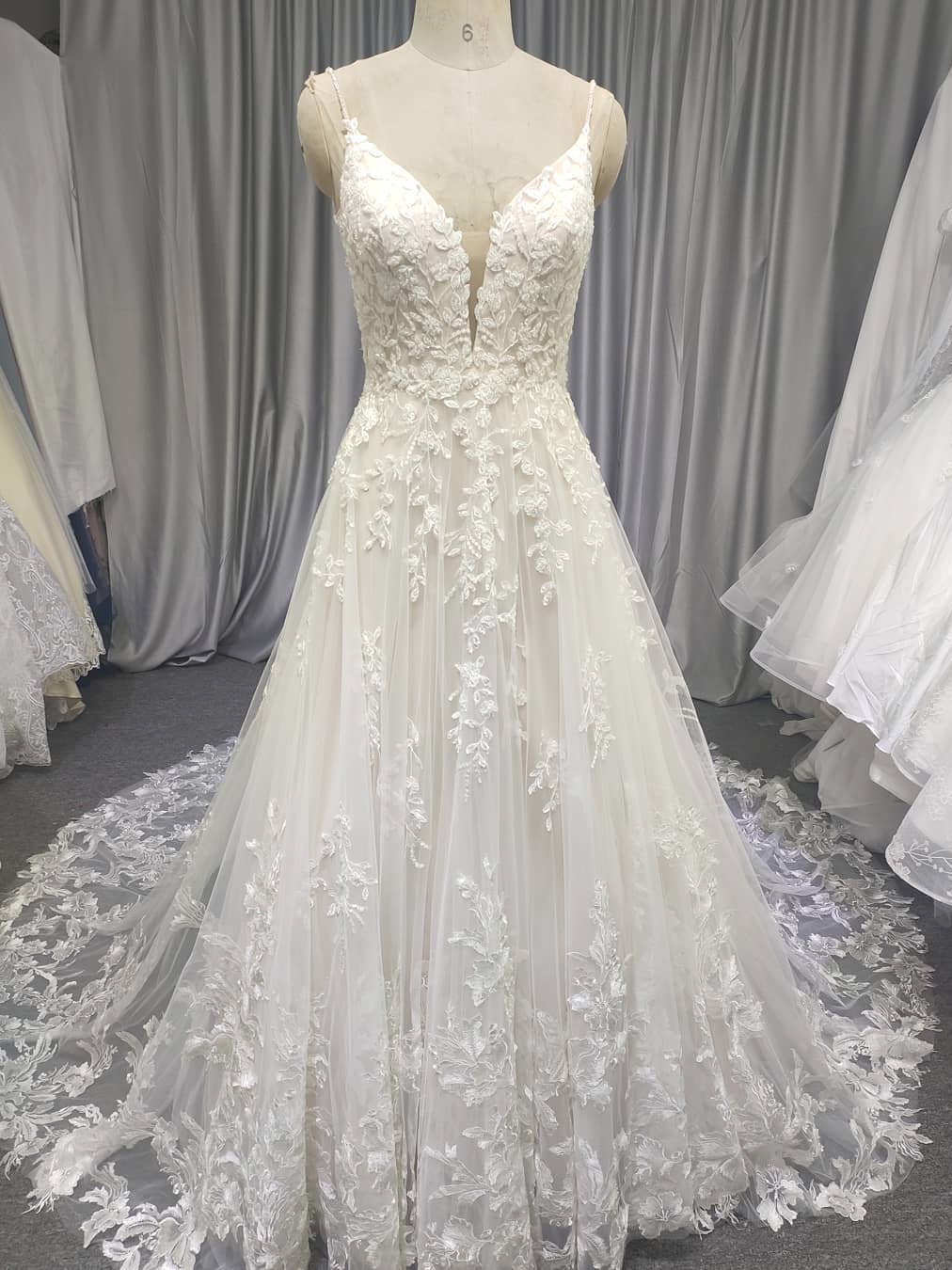 Spaghetti Long Lace Wedding Dresses, Romantic Wedding Dresses, A-line Wedding Dresses, Long Wedding Dresses, Bridal Gown