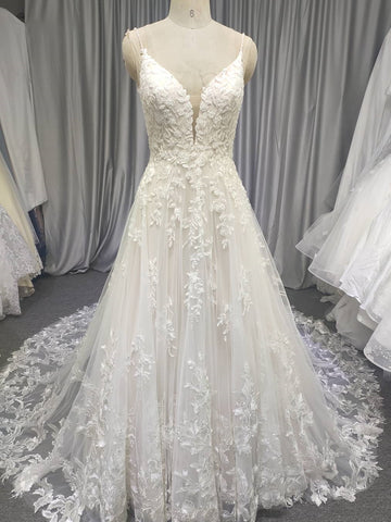 Spaghetti Long Lace Wedding Dresses, Romantic Wedding Dresses, A-line Wedding Dresses, Long Wedding Dresses, Bridal Gown