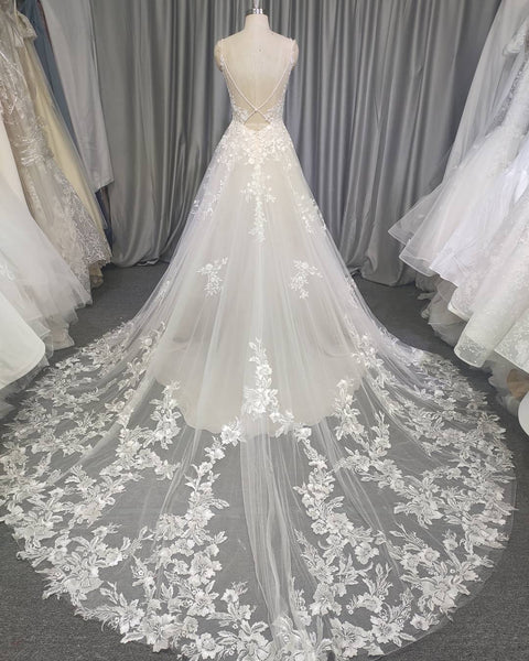 Spaghetti Long Lace Wedding Dresses, Romantic Wedding Dresses, A-line Wedding Dresses, Long Wedding Dresses, Bridal Gown