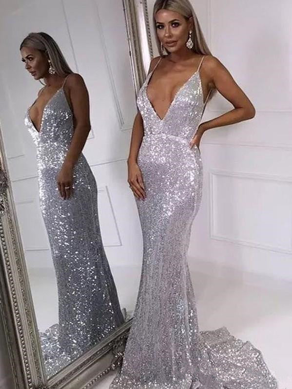 Deep V-neck Silver Sequin Long Mermaid Prom Dresses, Newest Sexy Prom Dresses