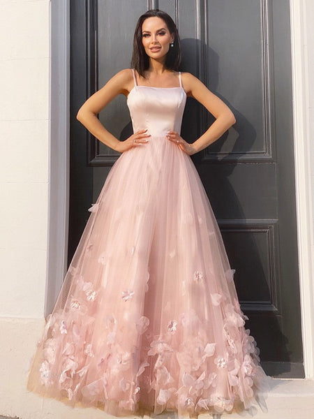 Spaghetti Long A-line Satin Tulle Floral Prom Dresses, Lovely Affordable Prom Dresses