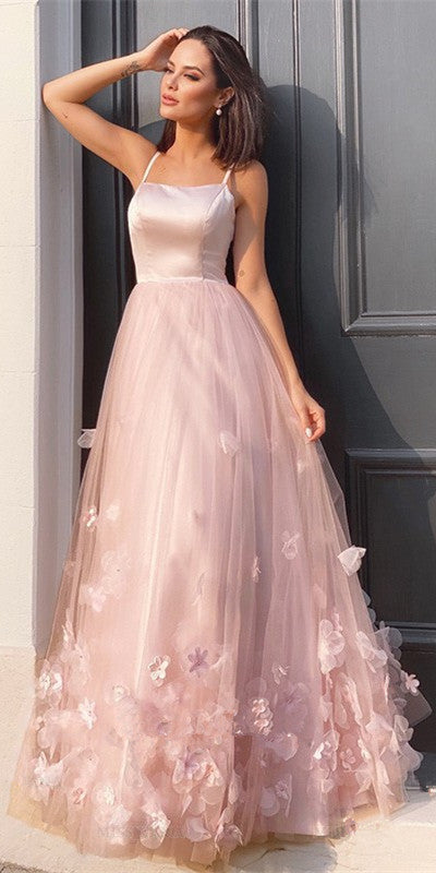 Spaghetti Long A-line Satin Tulle Floral Prom Dresses, Lovely Affordab ClaireBridal Spaghetti Long A-line Satin Tulle Floral Prom Dresses, Lovely Affordab ClaireBridal