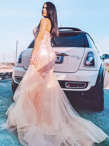 Sweetheart Pink Tulle Lace Prom Dresses, Mermaid 2021 Prom Dresses, Long Prom Dresses