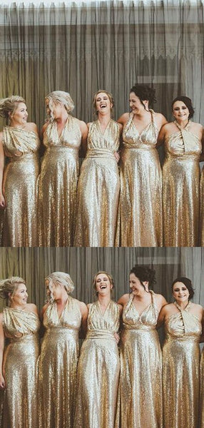 Convertible Gold Sequin Long Bridesmaid Dresses